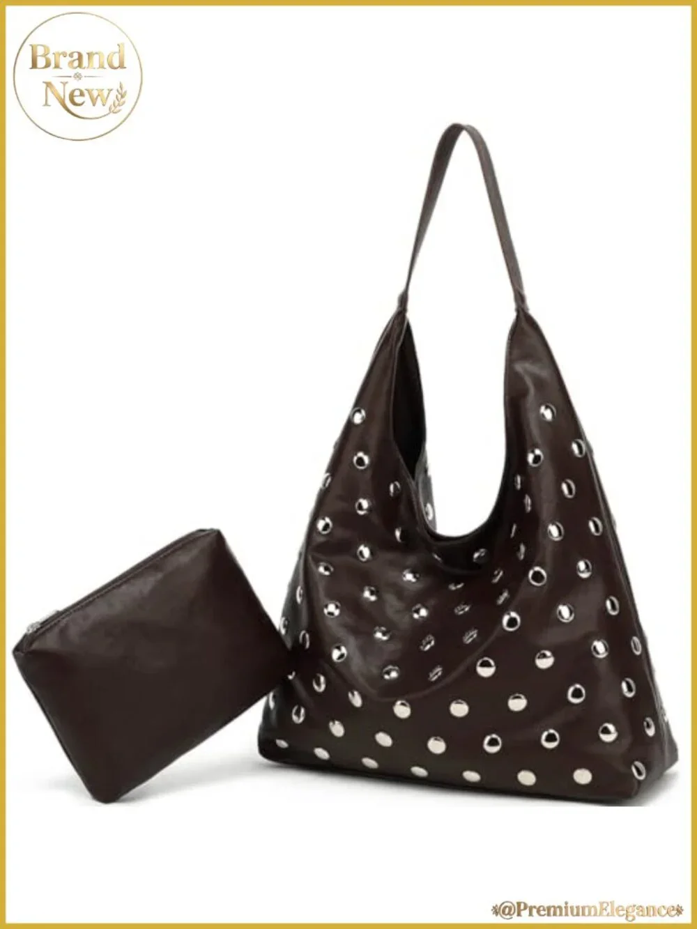 Studded Vegan Leather Hobo Bag Soft Slouchy Tote Shoulder Purse
